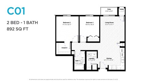 Floor plan for 2 beds, 1 bath, 892 sqft